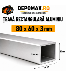 Teava rectangulara aluminiu 80 x 60 x 3 mm, 6 metri (EN AW-6060)